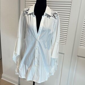 Elegant White Button Down Shirt with Black Lace